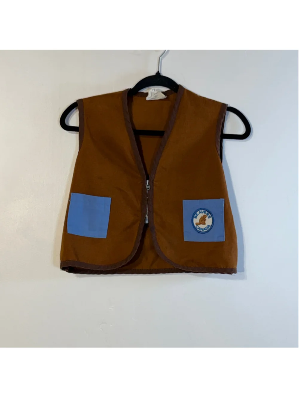 Vintage Beavers Canada Vest Youth Boy’s Size 10 Brown Blue Front Zipper Pockets
